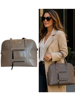 INNUE Taupe Leather Satchel Handbag Gold Hardware Double Zip Pockets